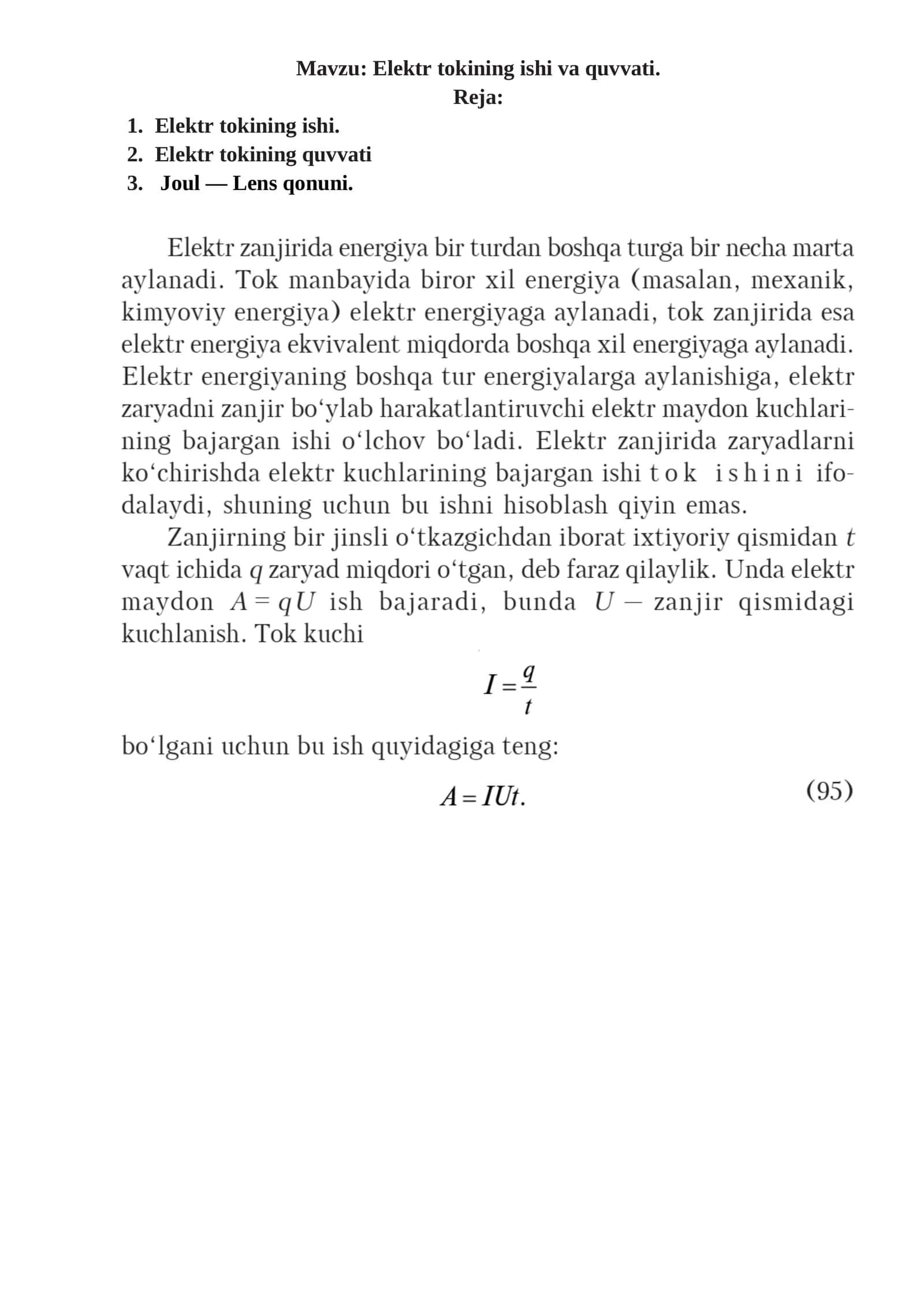Elektr tokining ishi va quvvati 1