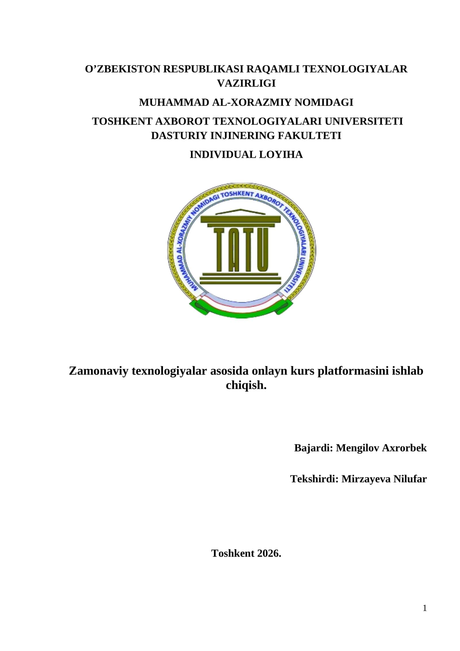 Online kurs platformasini ishlab chiqish 1