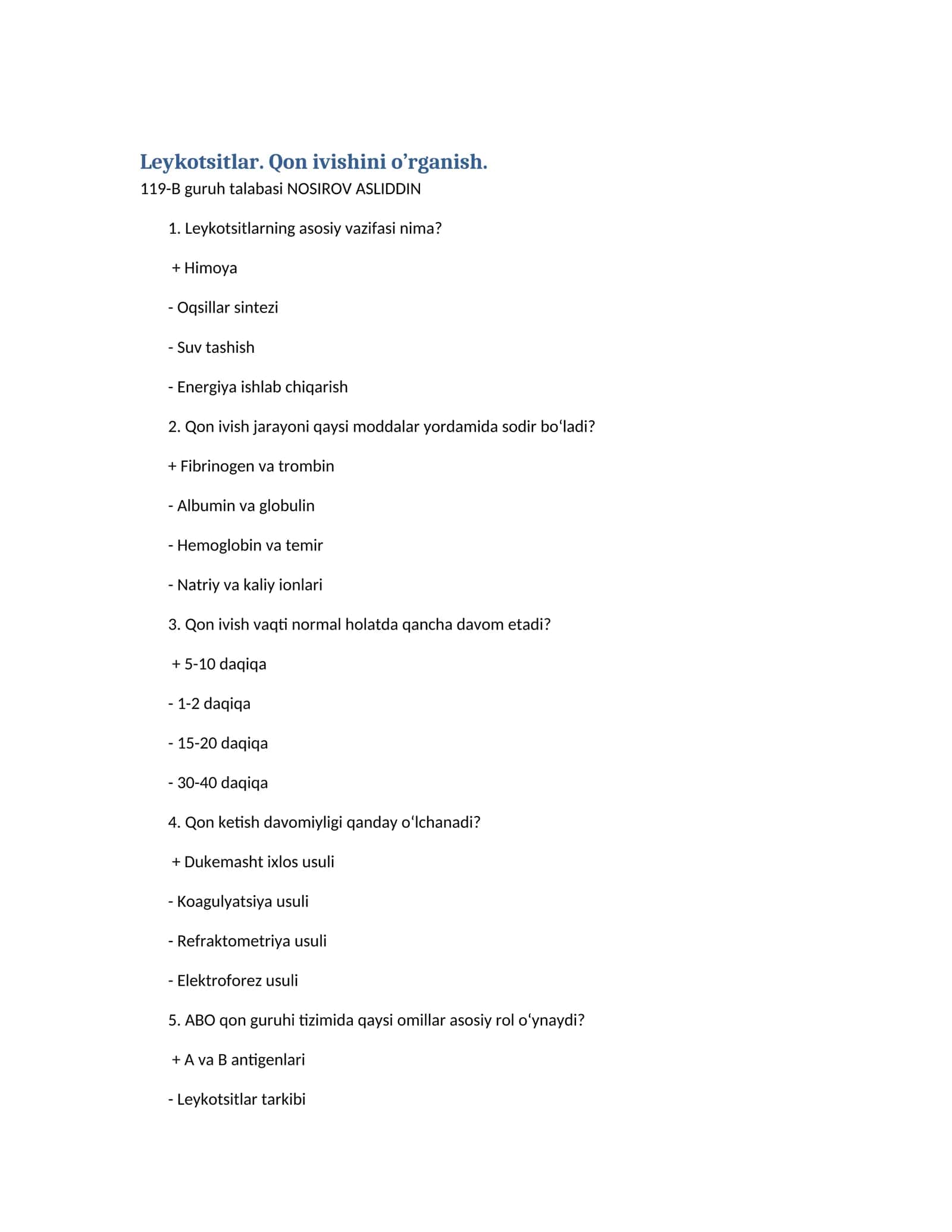 Leykotsitlar. Qon ivishini o’rganish 1