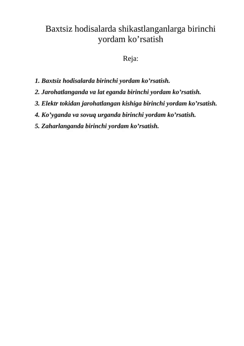 Baxtsiz hodisalarda birinchi yordam ko’rsatish 1