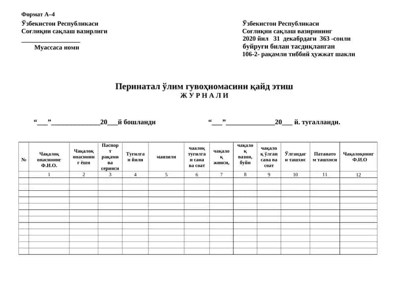 Перинатал ўлим гувоҳномаси 1