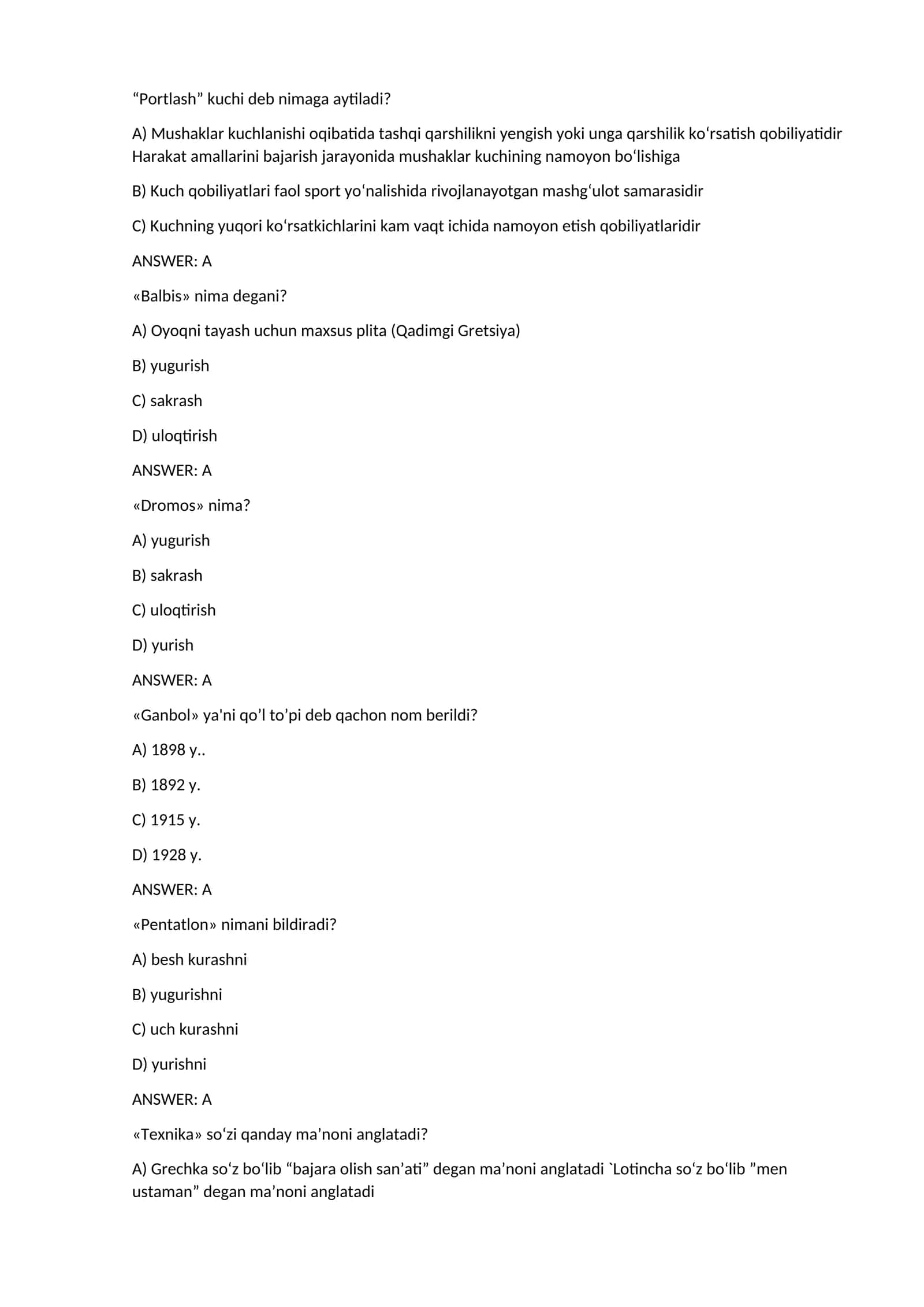 Jismoniy tarbiya FANIDAN TEST savollari 1