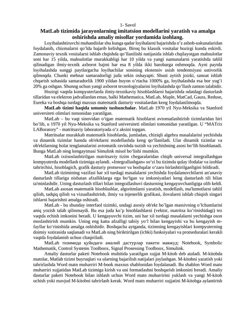 MatLab tizimi haqida umumiy tushunchalar 1