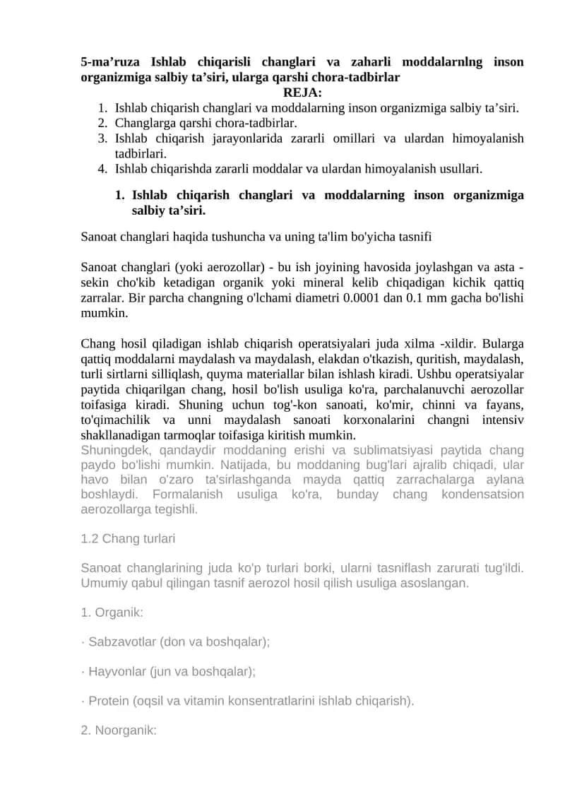 Sanoat changlari va ularning ta'lim bo'yicha tasnifi 1