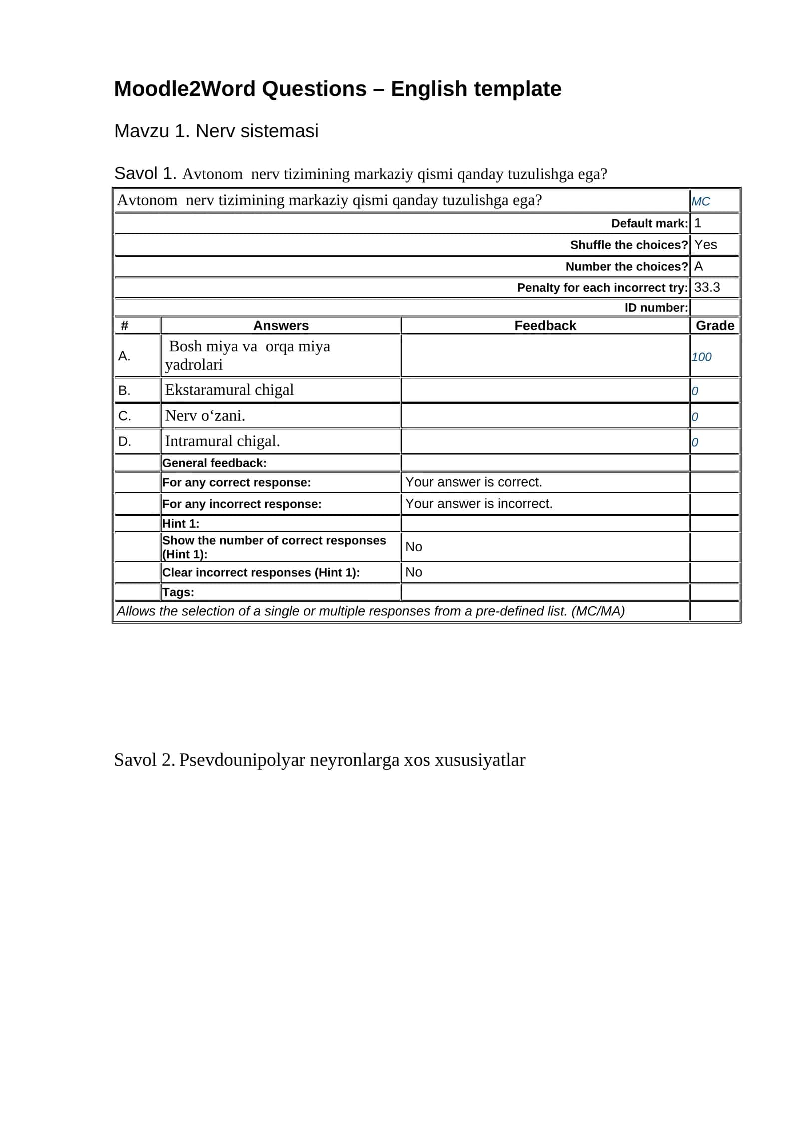 Moodle2Word Questions – English template 1