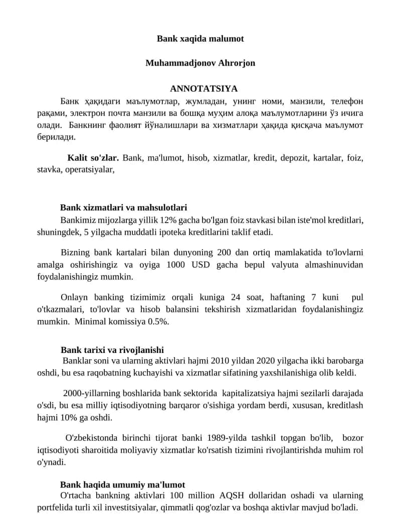 Bank xaqida malumot 1
