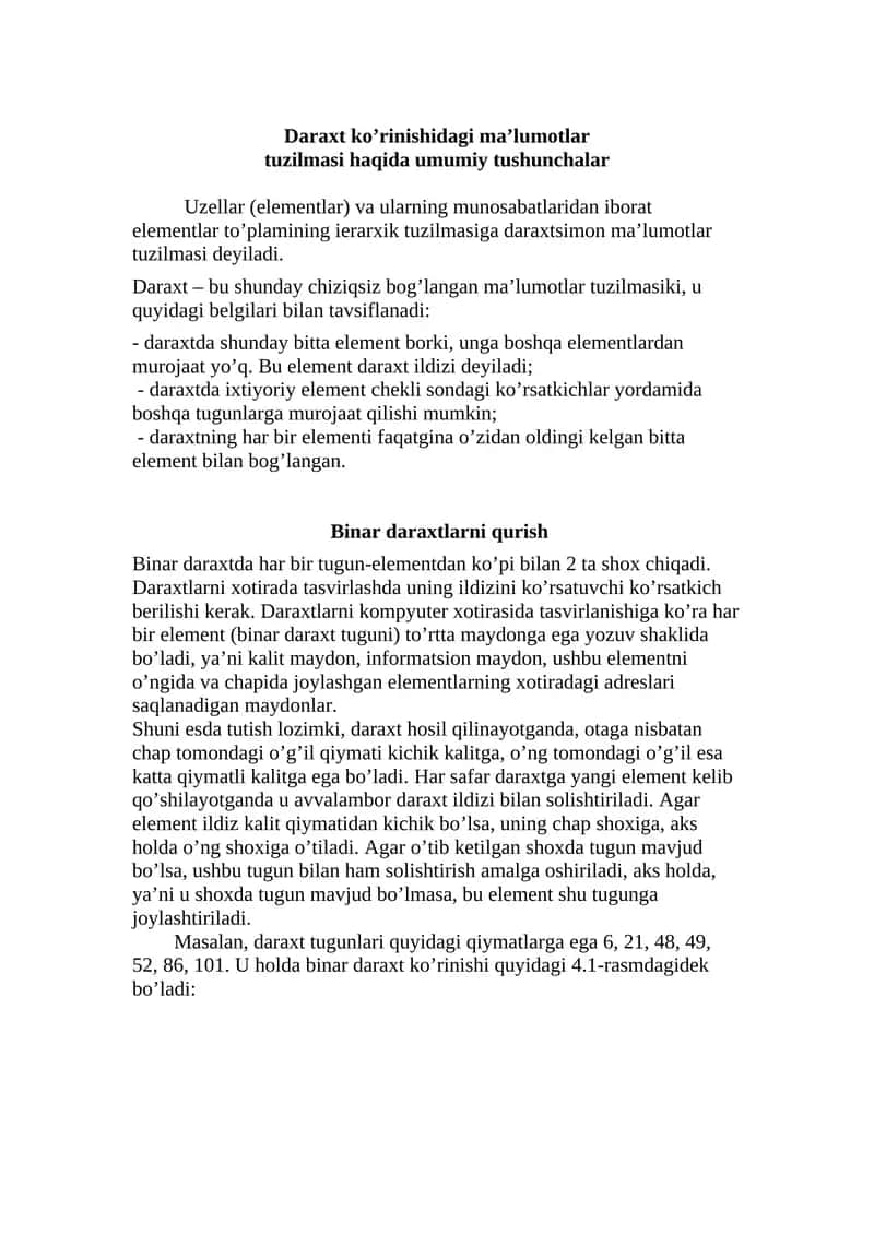 Daraxt ko’rinishidagi ma’lumotlar tuzilmasi haqida umumiy tushunchalar 1