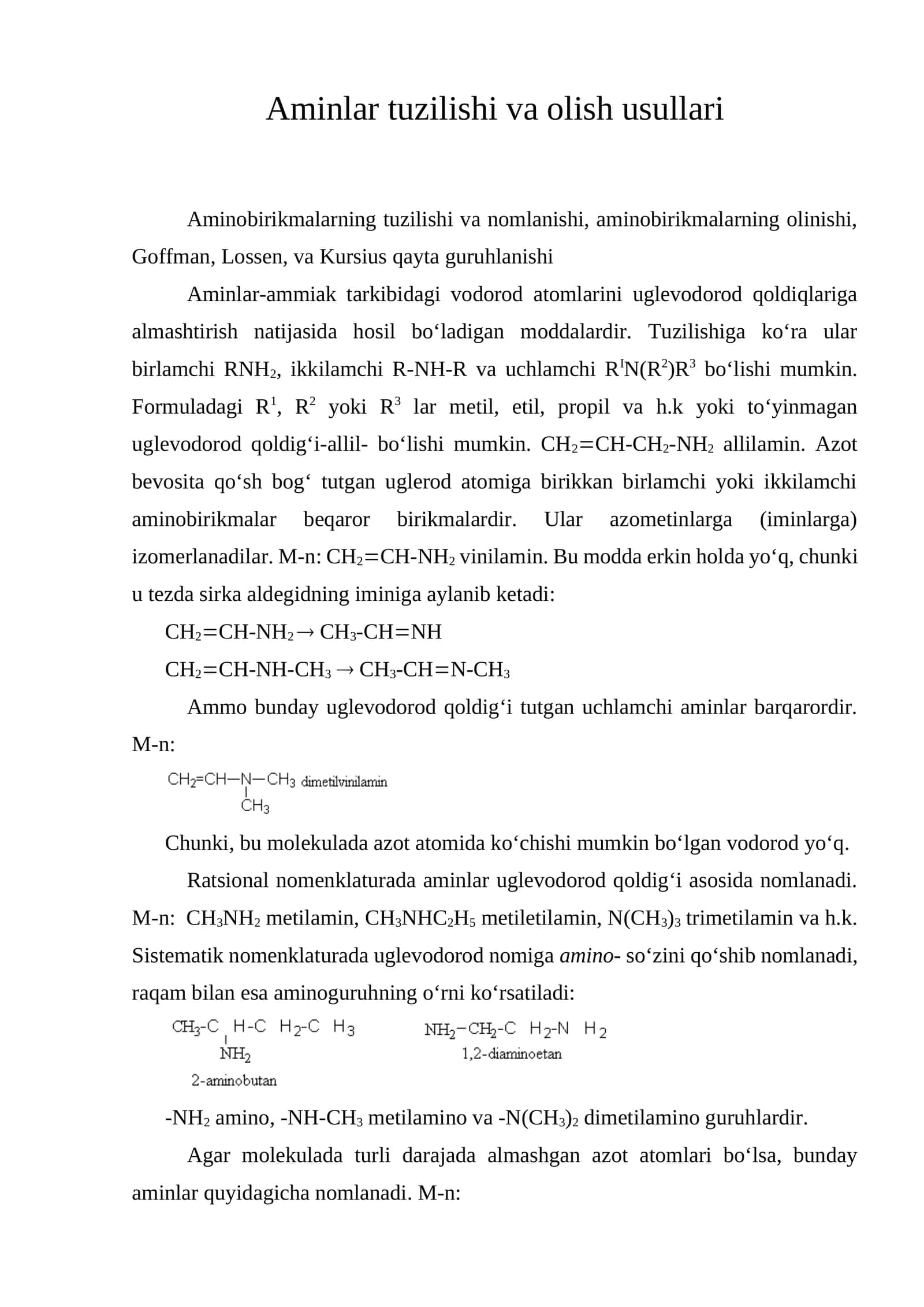 Aminlar tuzilishi va olish usullari 1