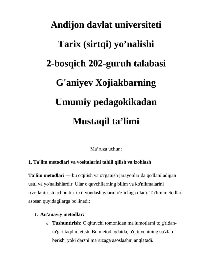 Ta'lim Metodlari va Vositalari 1