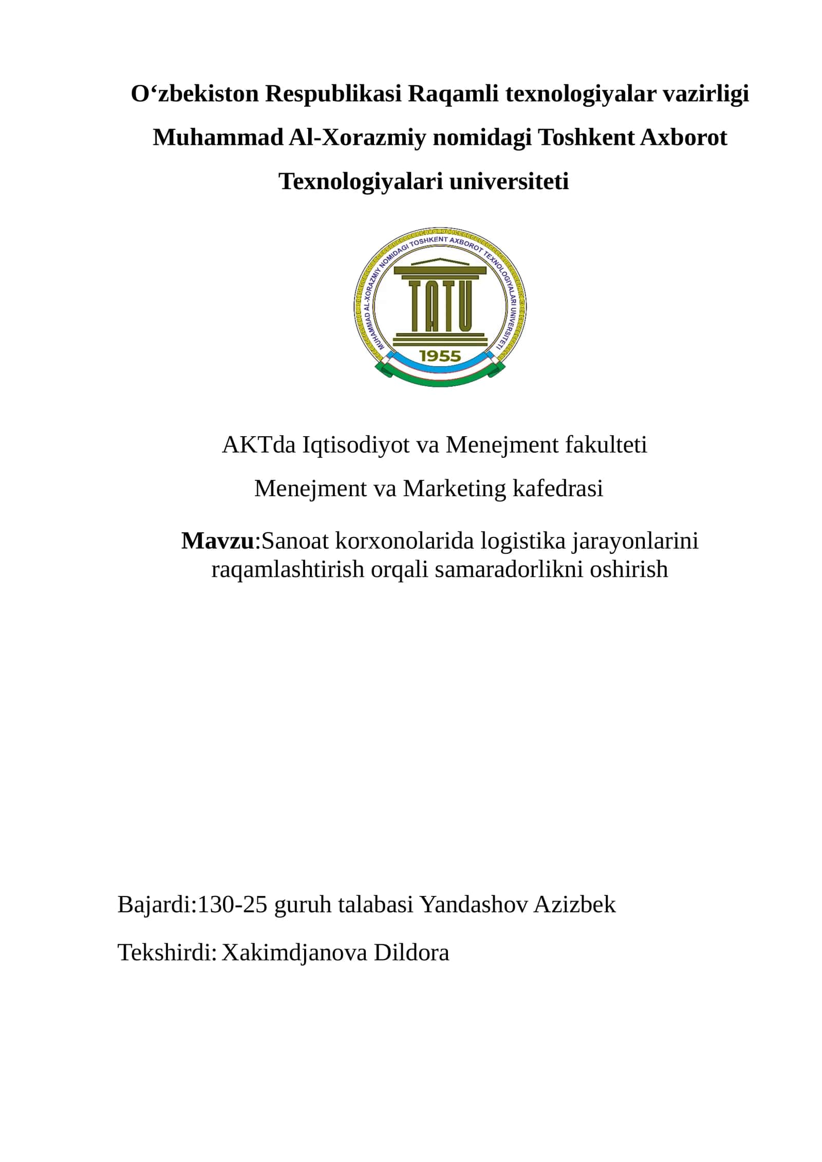 SANOAT KORXONALARIDA LOGISTIKA JARAYONLARINI RAQAMLASHTIRISH ORQALI SAMARADORLIKNI OSHIRISH 1