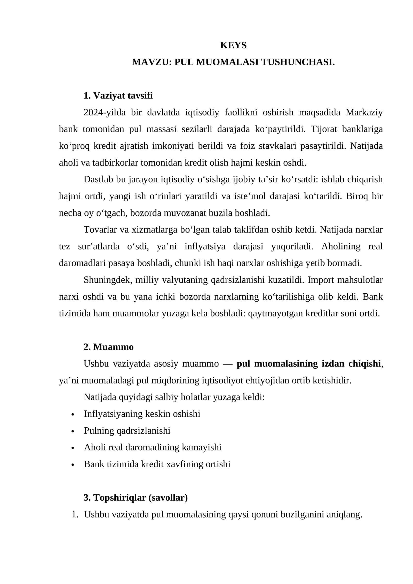 Pul muomalasi tushunchasi mavzusiga keys 1