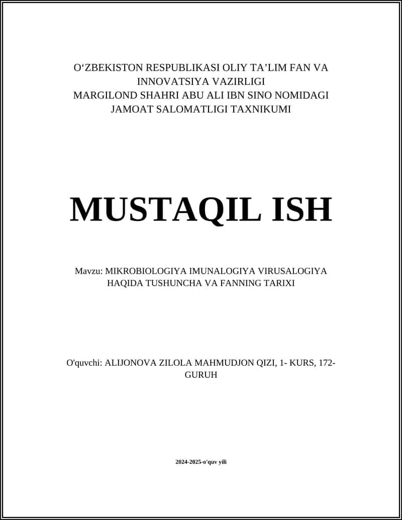MIKROBIOLOGIYA IMUNALOGIYA VIRUSALOGIYA HAQIDA TUSHUNCHA VA FANNING TARIXI 1