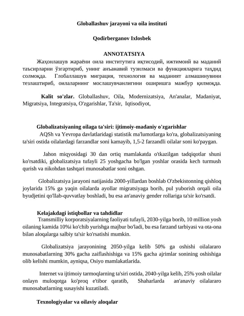 Globallashuv jarayoni va oila instituti 1