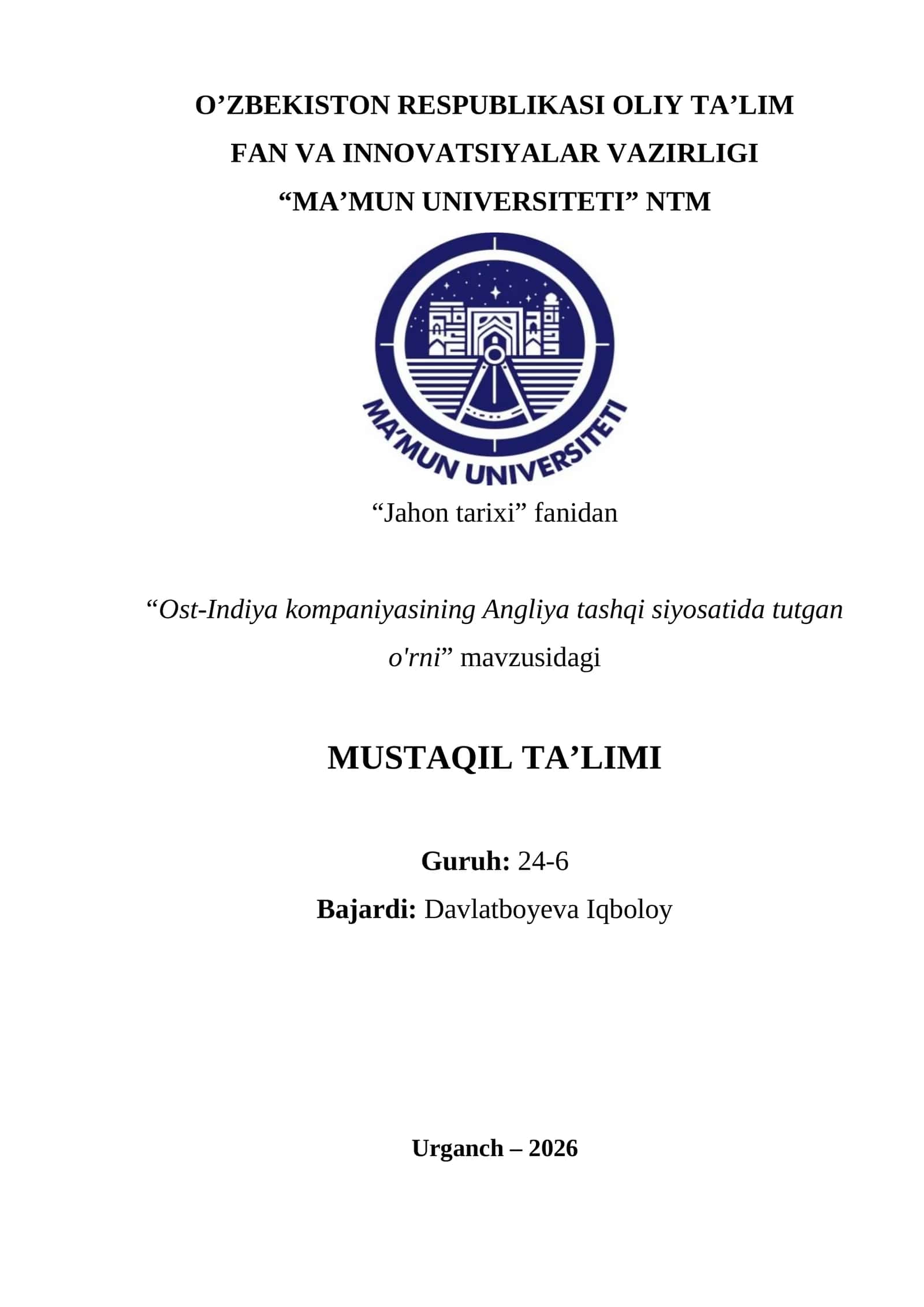 Ost-Indiya kompaniyasining Angliya tashqi siyosatida tutgan o'rni 1