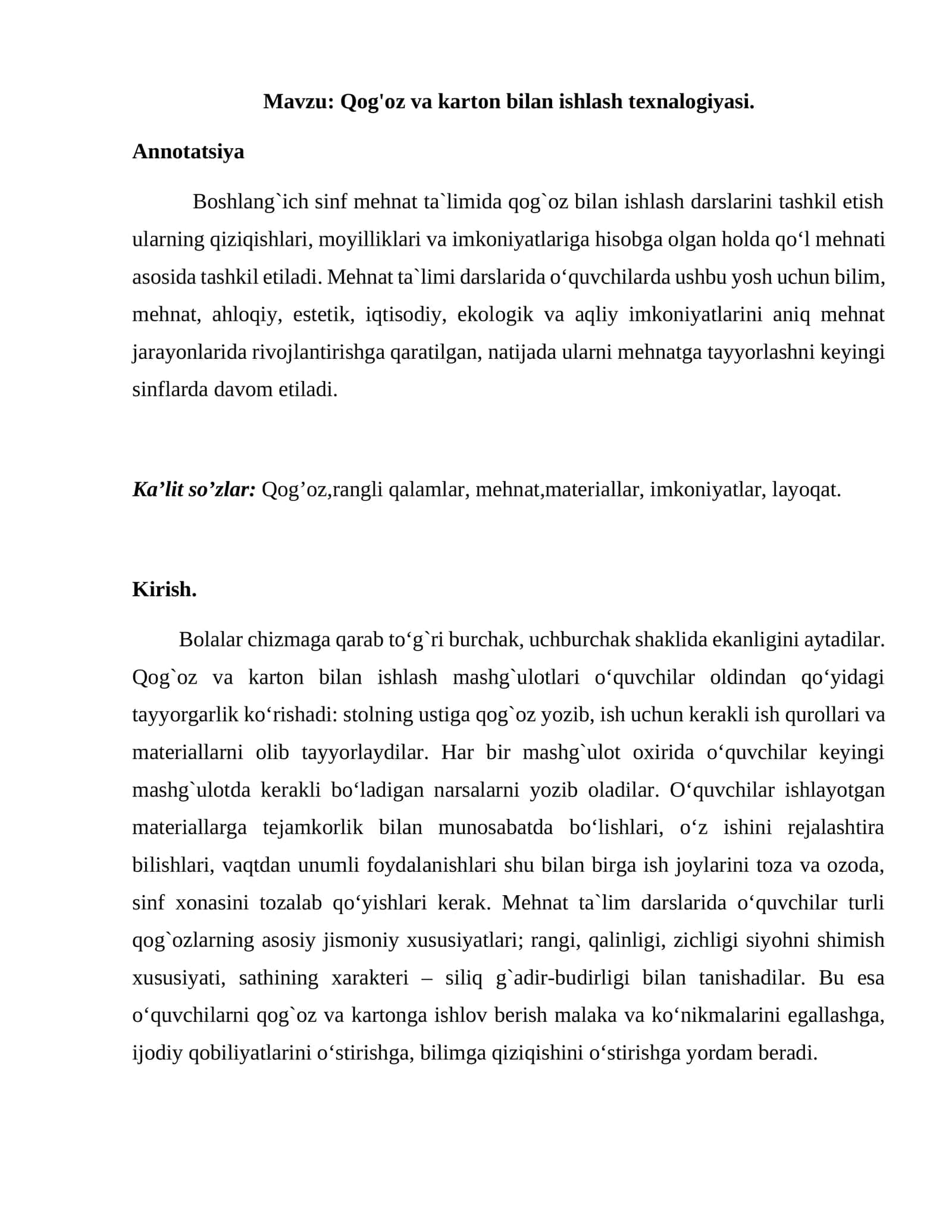 Qog'oz va karton bilan ishlash texnalogiyasi 1