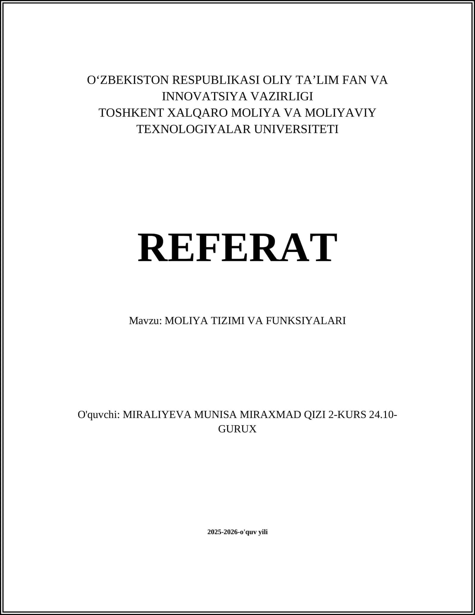 Moliya Tizimi va Funksiyalari 1