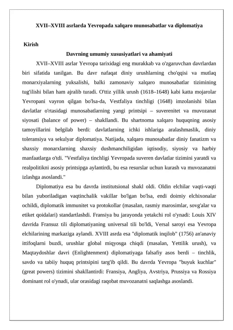 XVII–XVIII asrlarda Yevropada xalqaro munosabatlar va diplomatiya 1