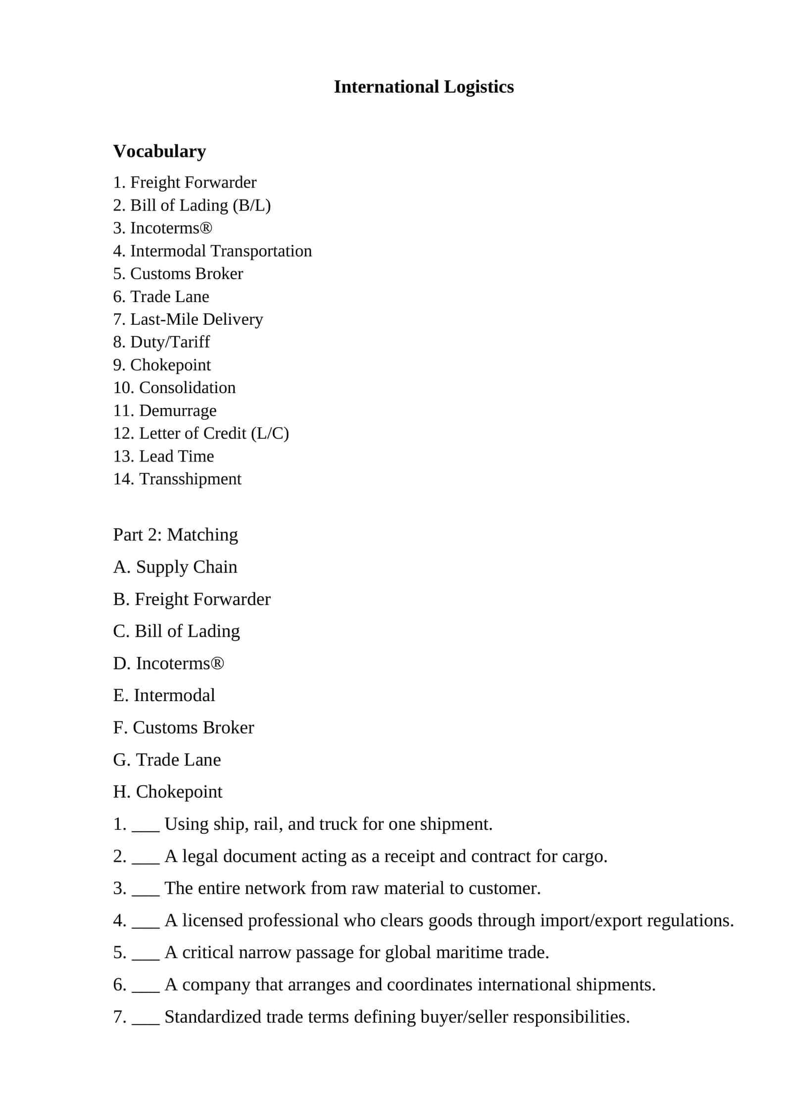 International Logistics Vocabulary 1