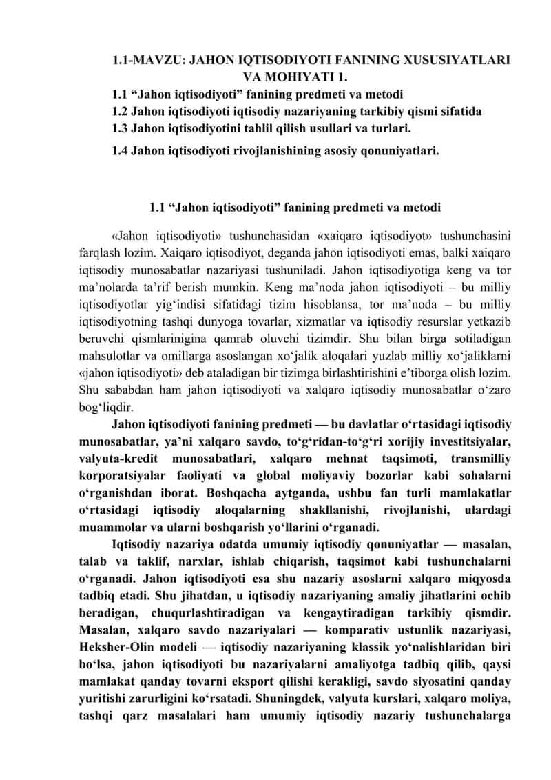 Jahon iqtisodiyoti fanining xususiyatlari va mohiyati 1