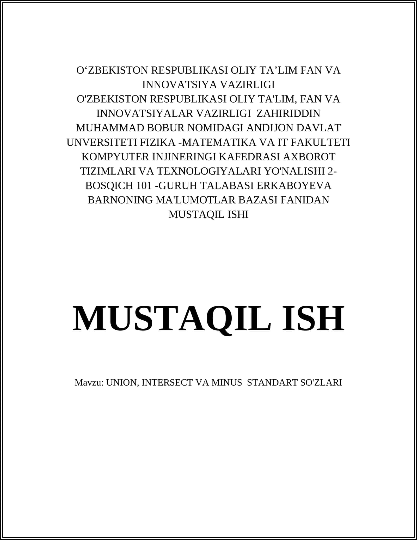 UNION, INTERSECT VA MINUS STANDART SO'ZLARI 1
