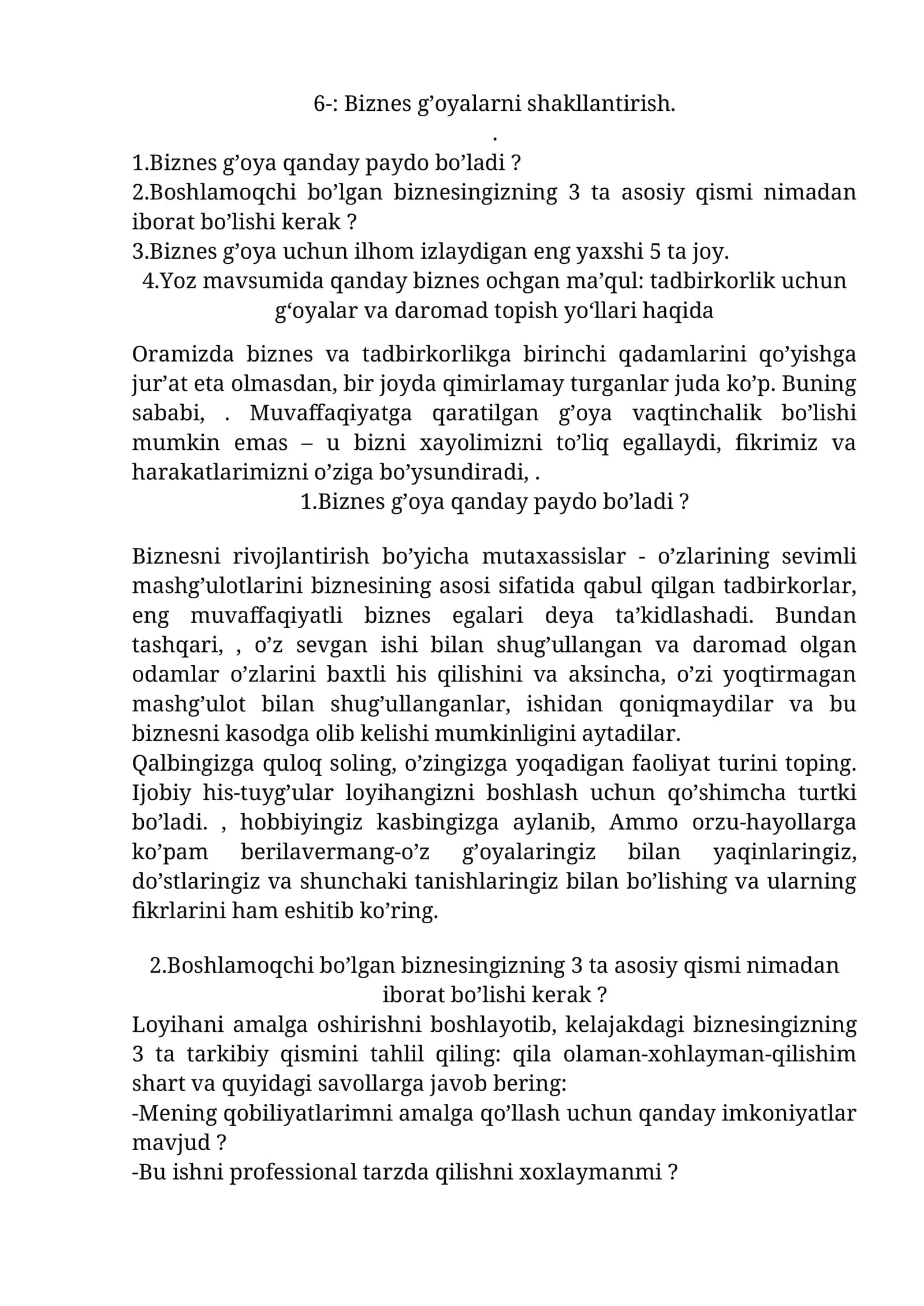 Biznes g’oyalarni shakllantirish 1