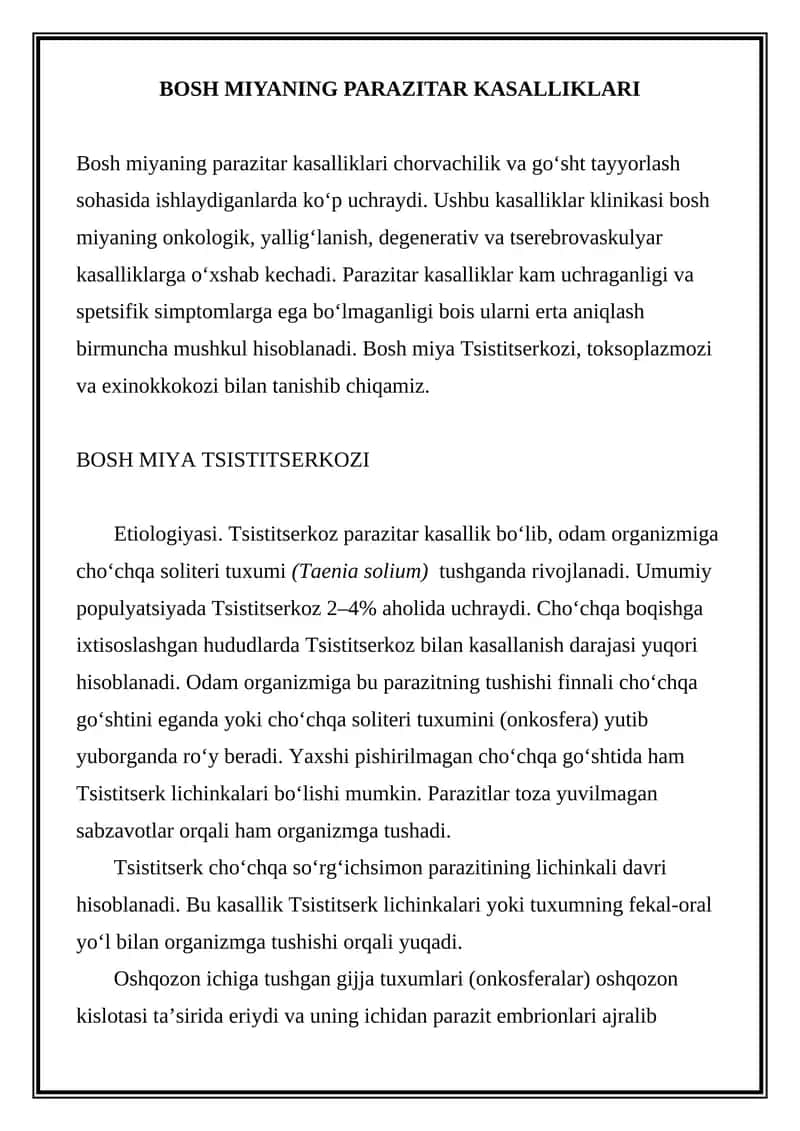 BOSH MIYANING PARAZITAR KASALLIKLARI 1