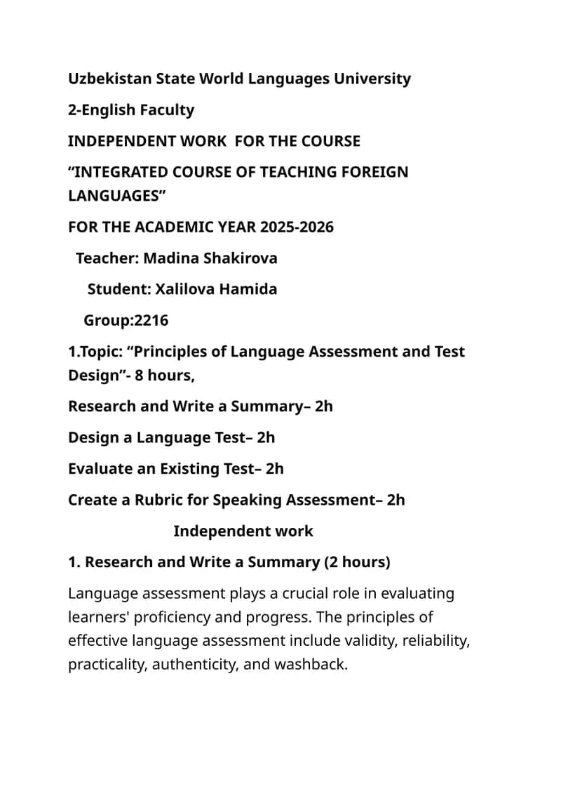 Principles of Language Assessment and Test Design 1