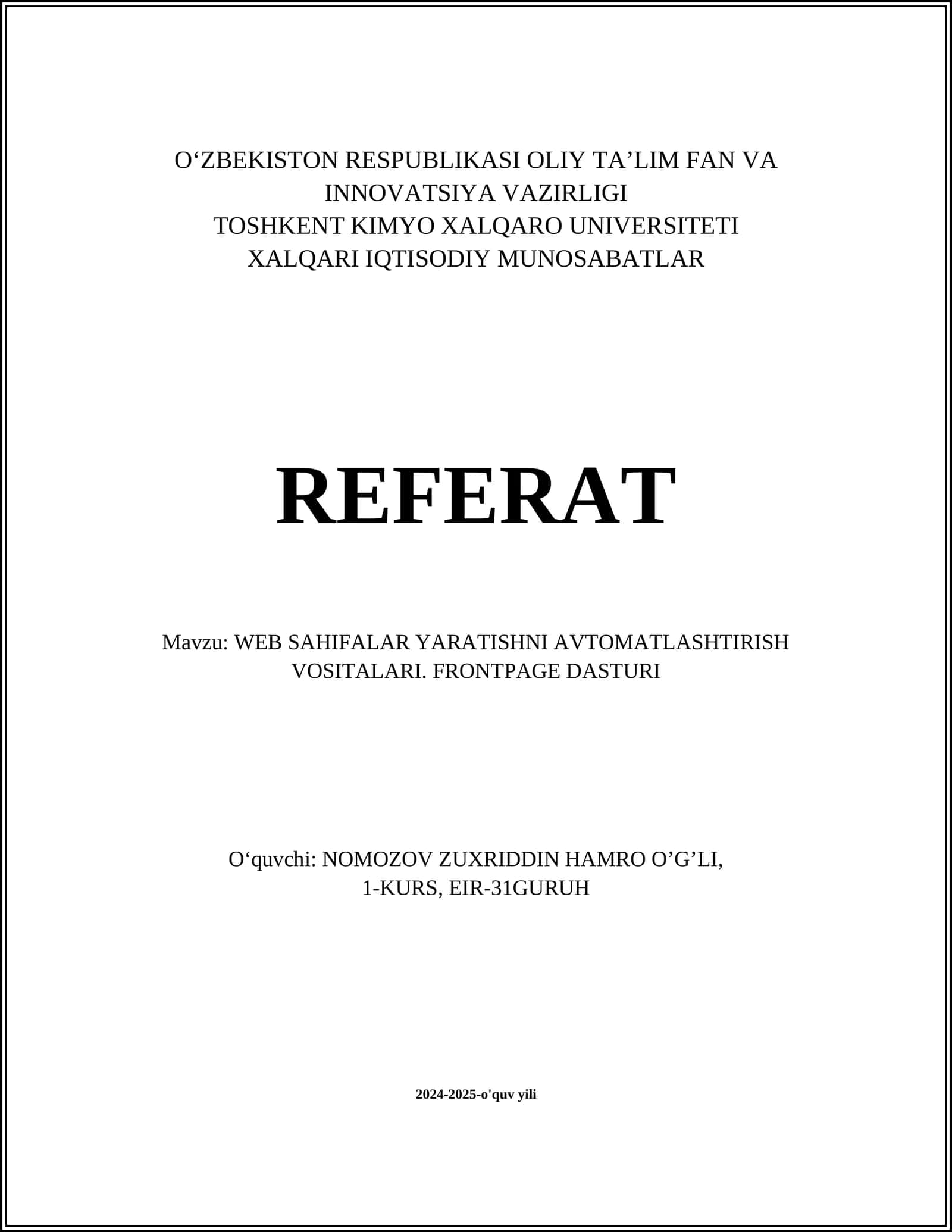 WEB SAHIFALAR YARATISHNI AVTOMATLASHTIRISH VOSITALARI. FRONTPAGE DASTURI 1