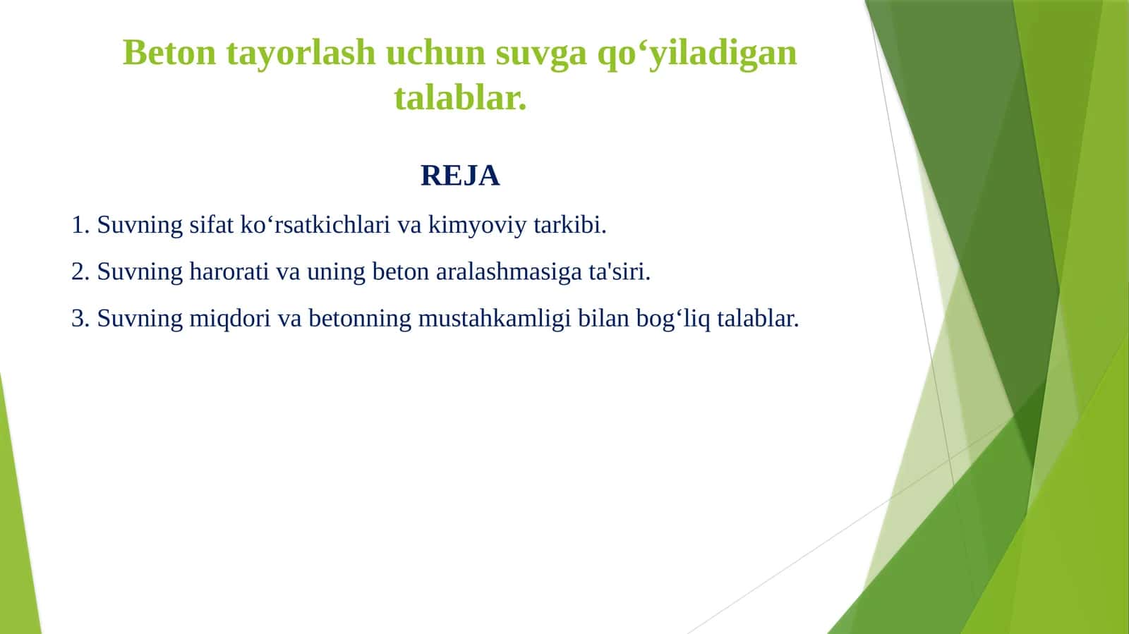 Beton tayorlash uchun suvga qo‘yiladigan talablar. 1