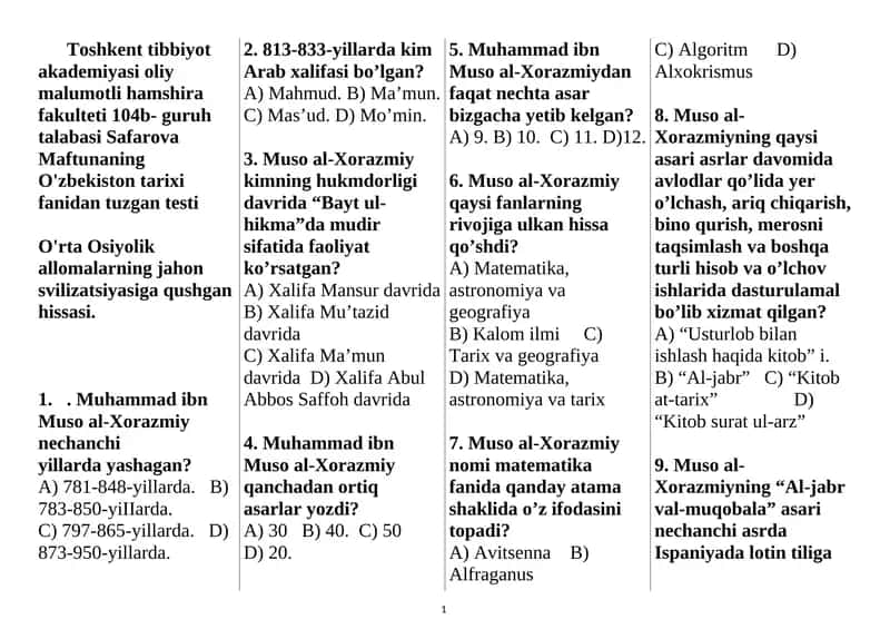 O'zbekiston tarixi fanidan tuzilgan test 1