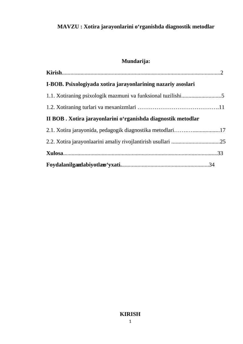 Xotira jarayonlarini oʻrganishda diagnostik metodlar 1