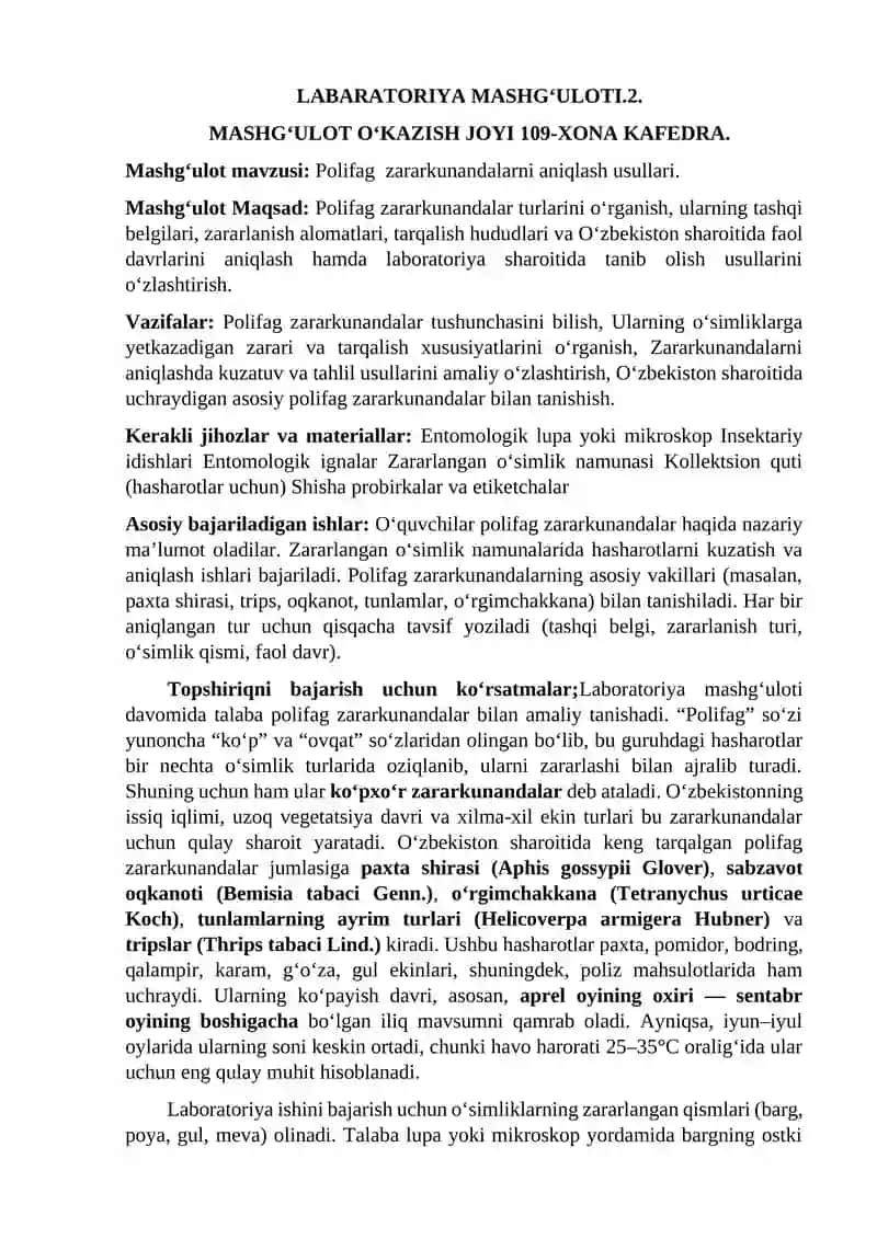 Polifag zararkunandalarni aniqlash usullari