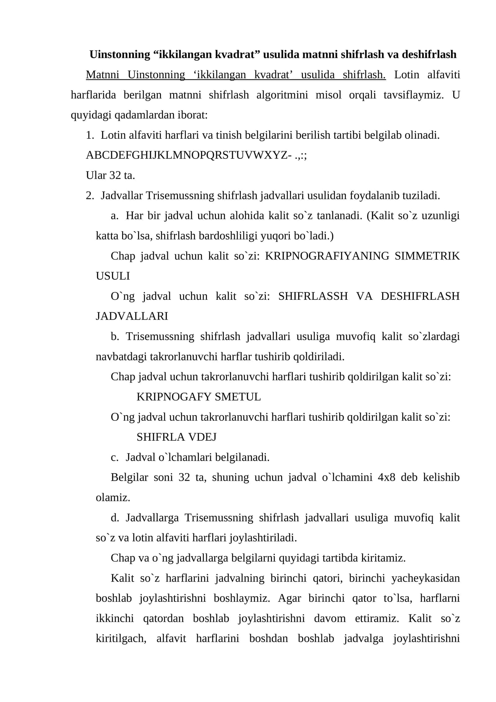 Uinstonning “ikkilangan kvadrat” usulida matnni shifrlash va deshifrlash 1