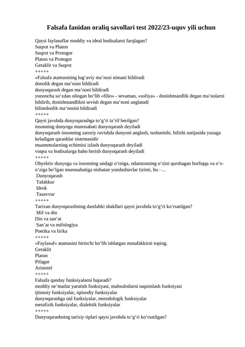 Falsafa fanidan oraliq savollari test 2022/23-uquv yili uchun 1
