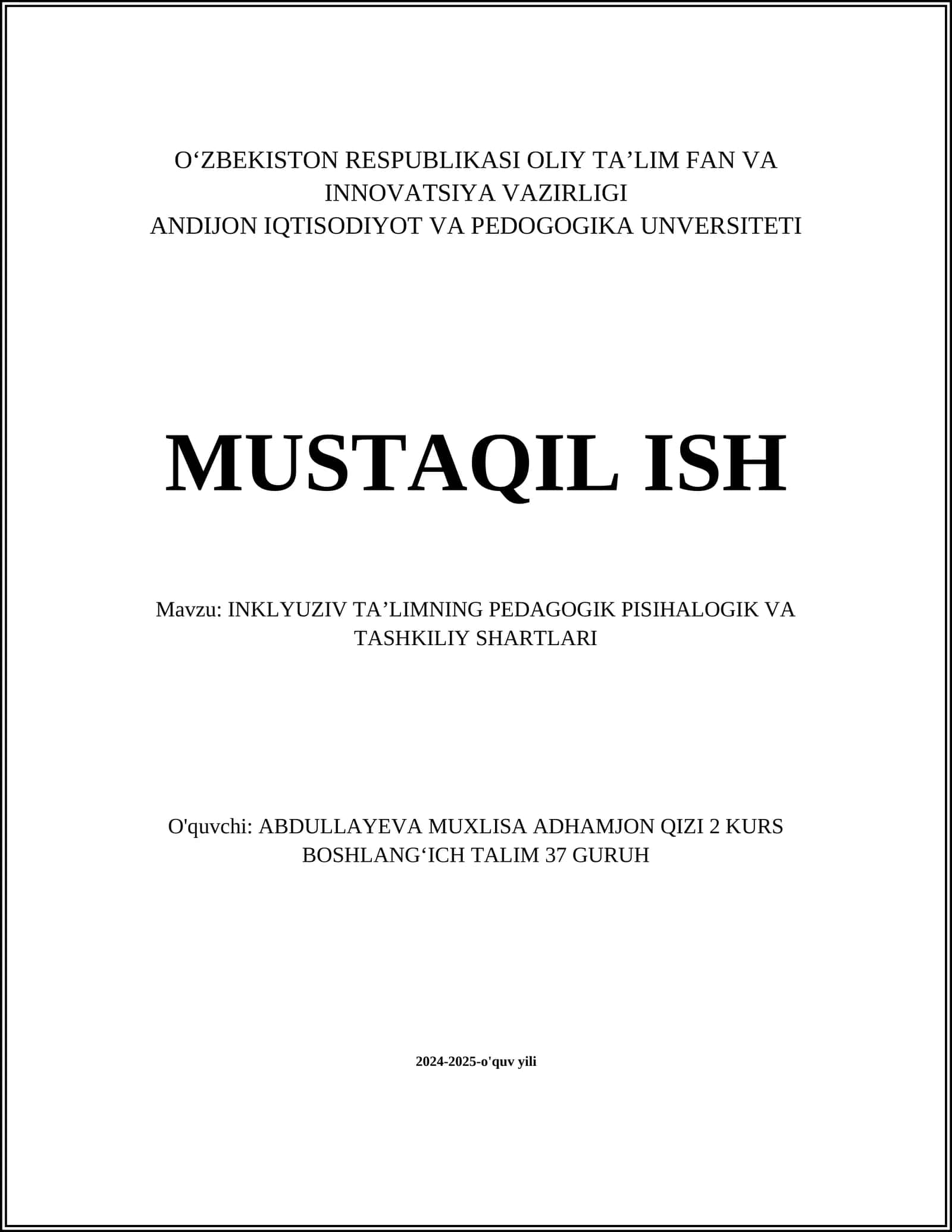 INKLYUZIV TA'LIMNING PEDAGOGIK PISIHALOGIK VA TASHKILIY SHARTLARI 1