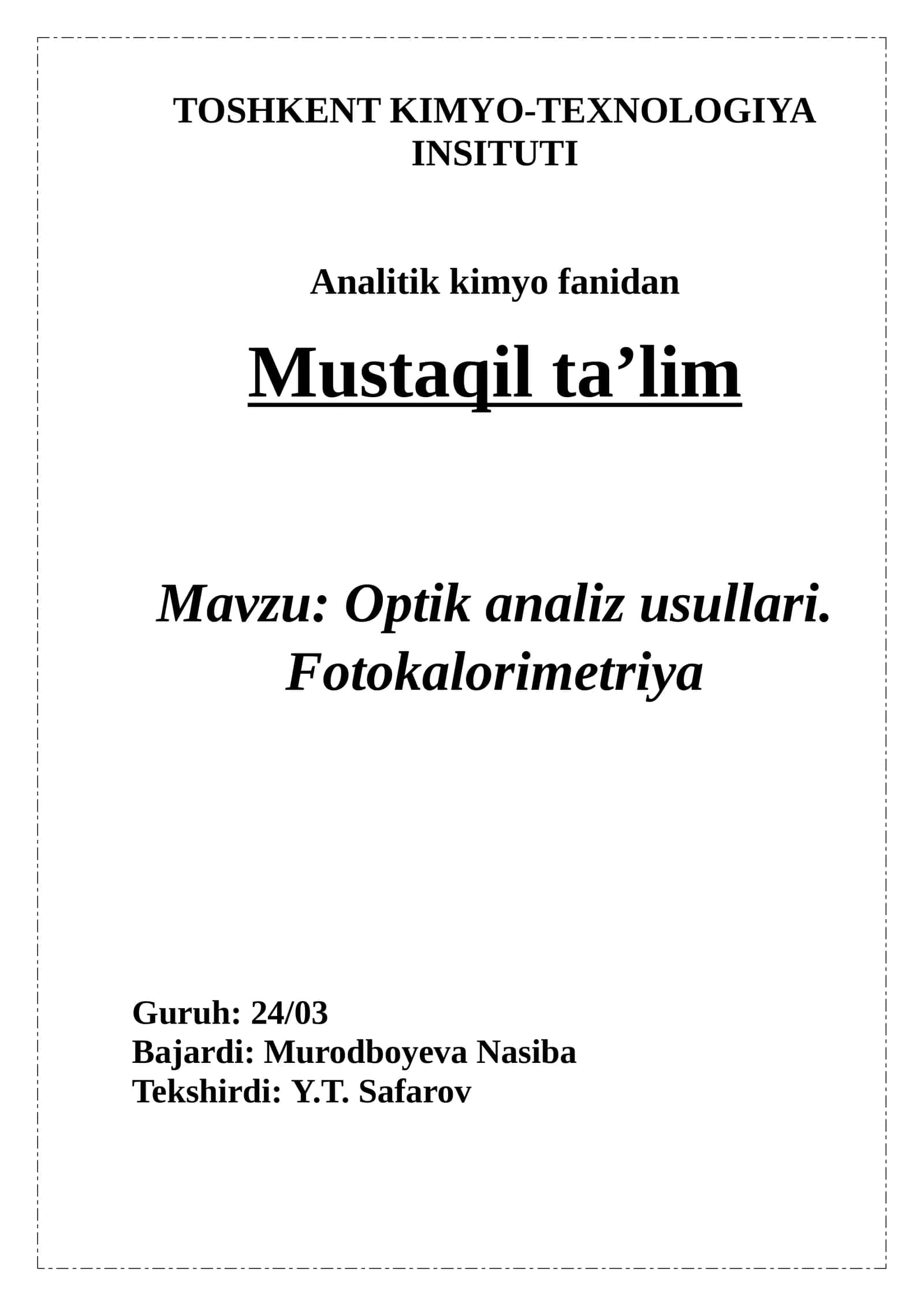 Optik analiz usullari. Fotokalorimetriya 1