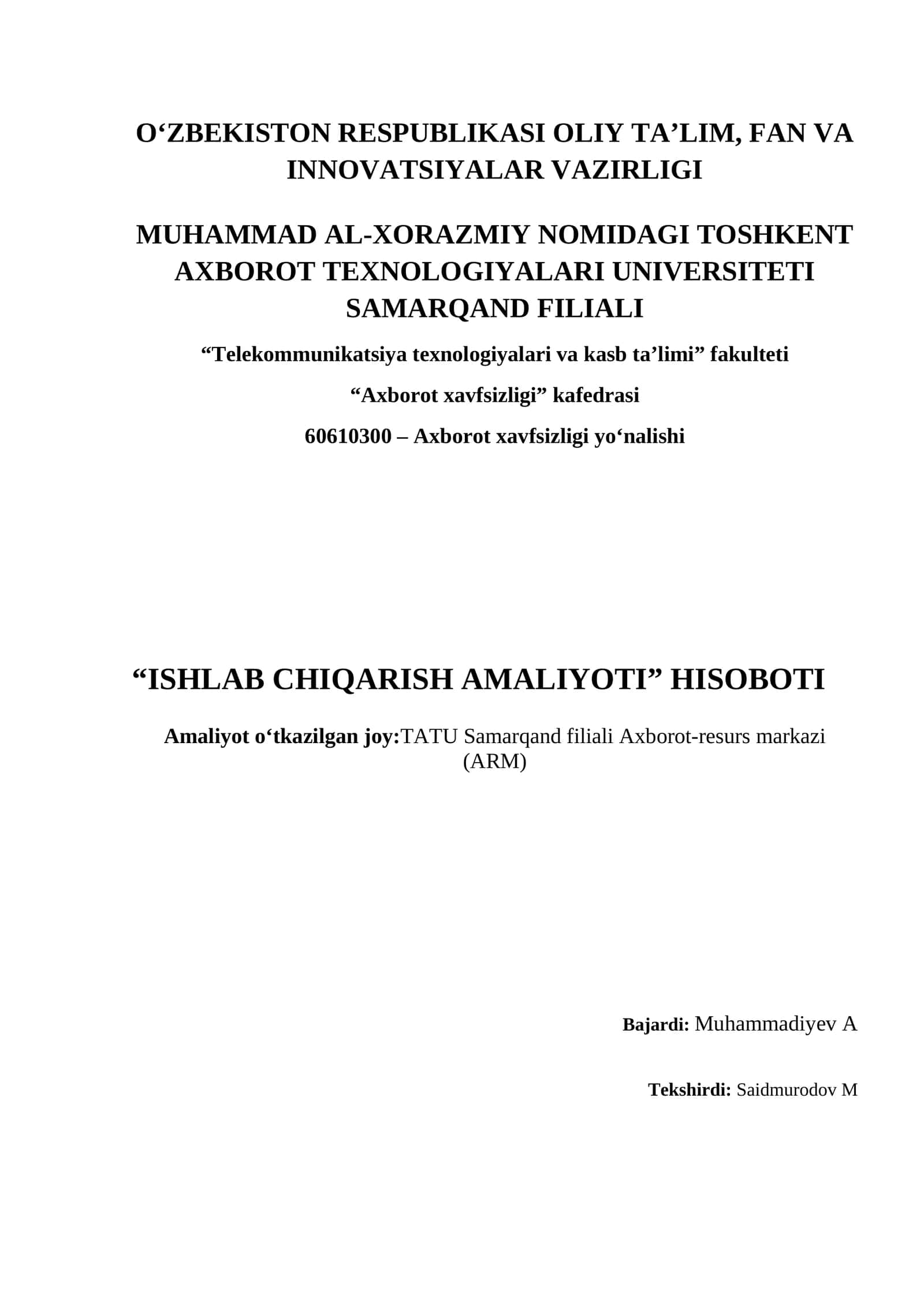 ISHLAB CHIQARISH AMALIYOTI HISOBOTI kutubxona uchun 1