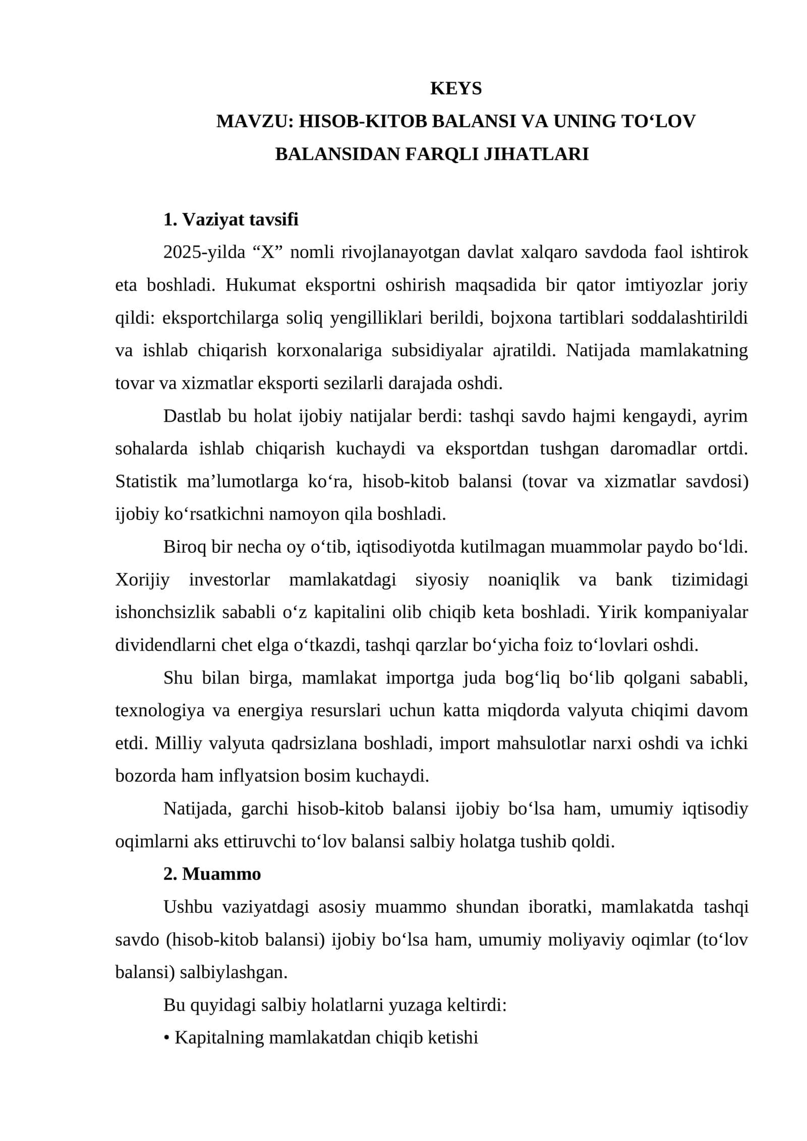 HISOB-KITOB BALANSI VA UNING TO‘LOV BALANSIDAN FARQLI JIHATLARI keys 1
