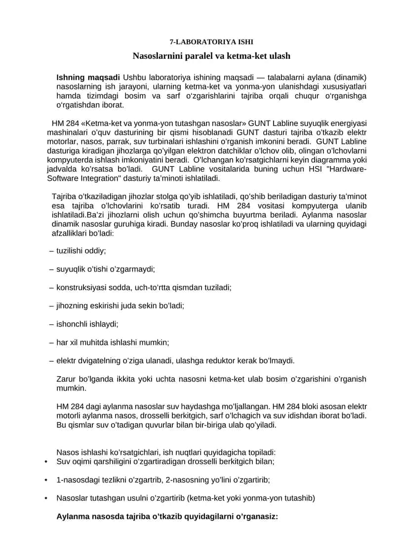 Nasoslarnini paralel va ketma-ket ulash 1