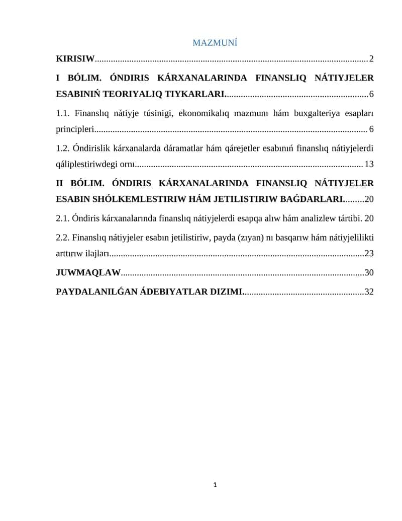 Óndiris karxanalarında finanslıq nátiyjeler 1