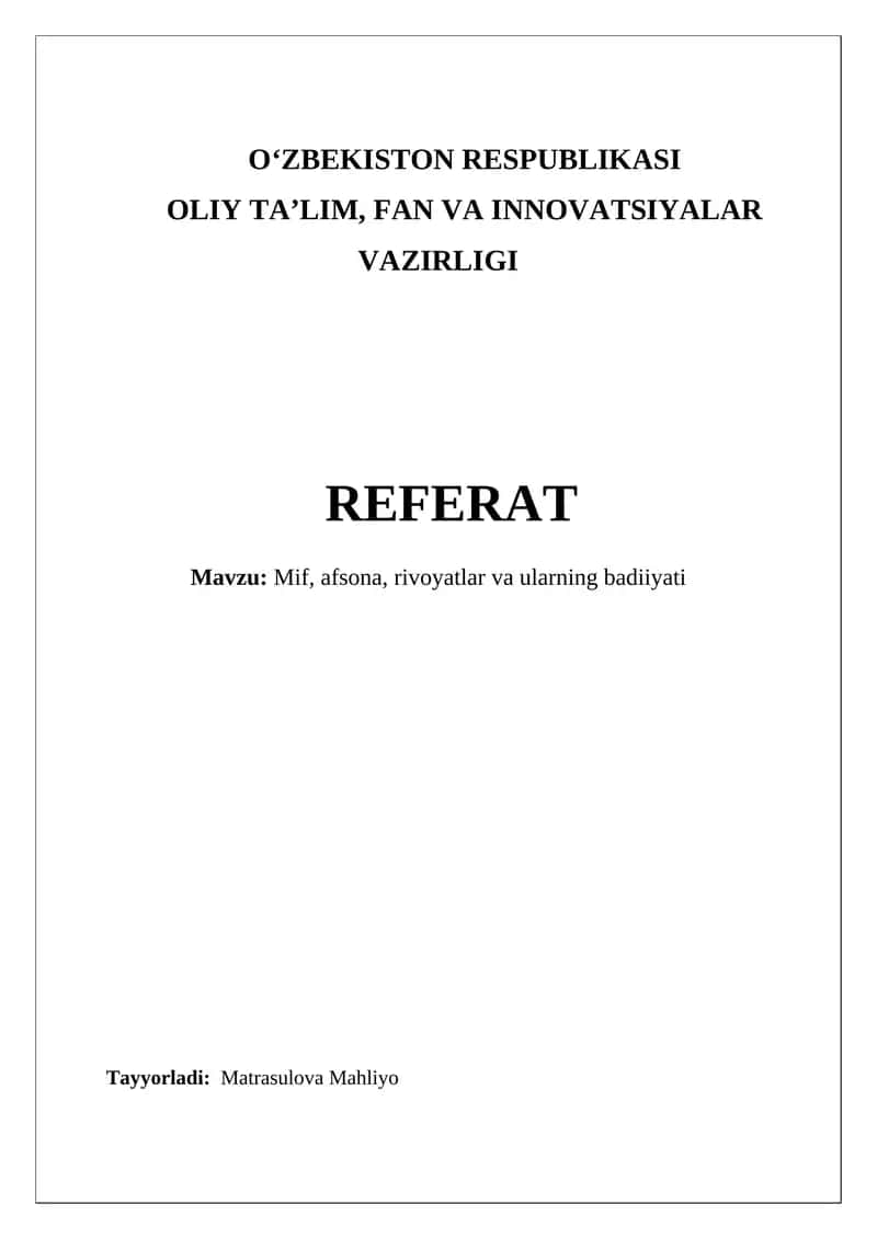 Referat on Mif, Afsona, Rivoyatlar 1