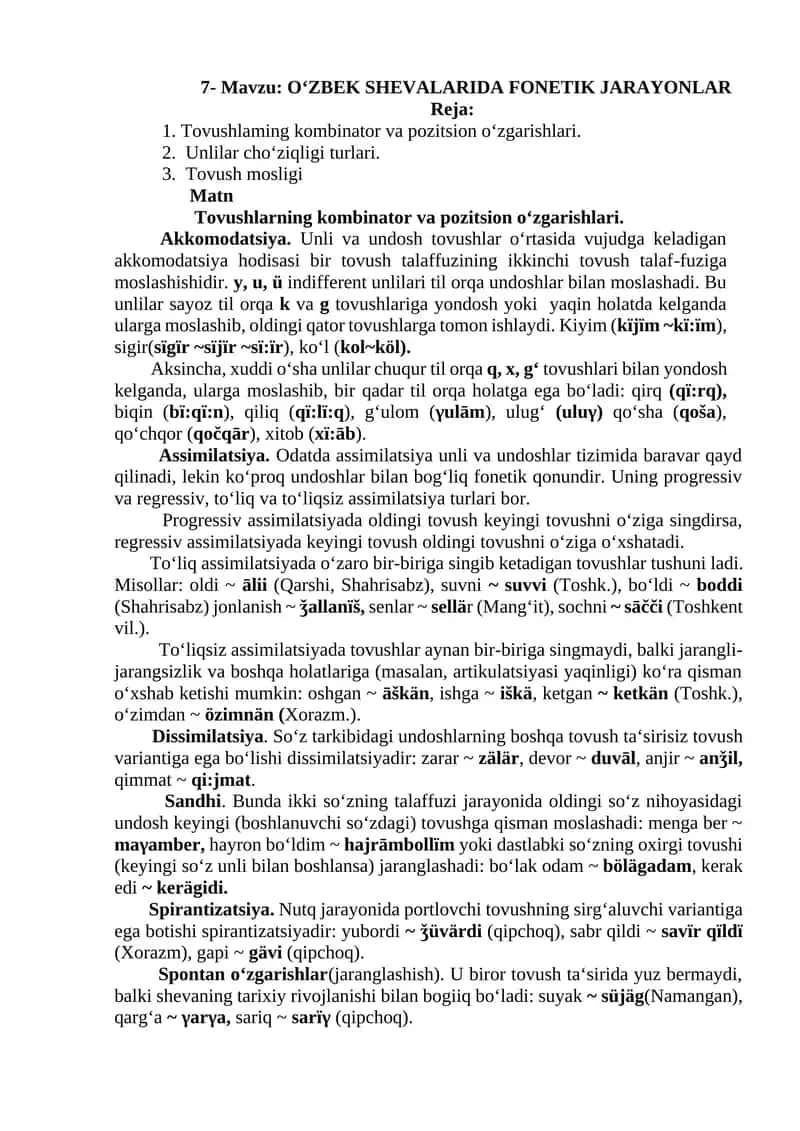 O‘ZBEK SHEVALARIDA FONETIK JARAYONLAR 1