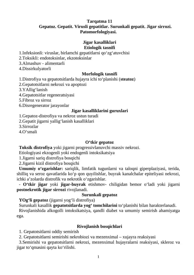 Gepatoz. Gepatit. Virusli gepatitlar. Surunkali gepatit. Jigar sirrozi. Patomorfologiyasi. 1