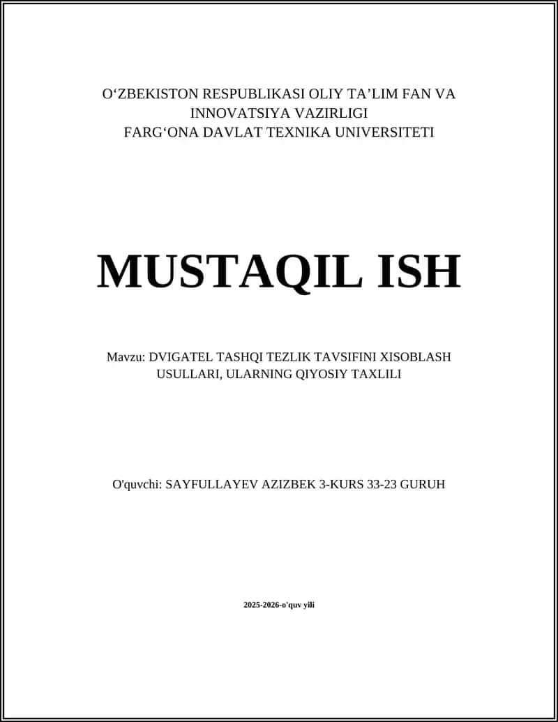 DVIGATEL TASHQI TEZLIK TAVSIFINI XISOBLASH USULLARI 1
