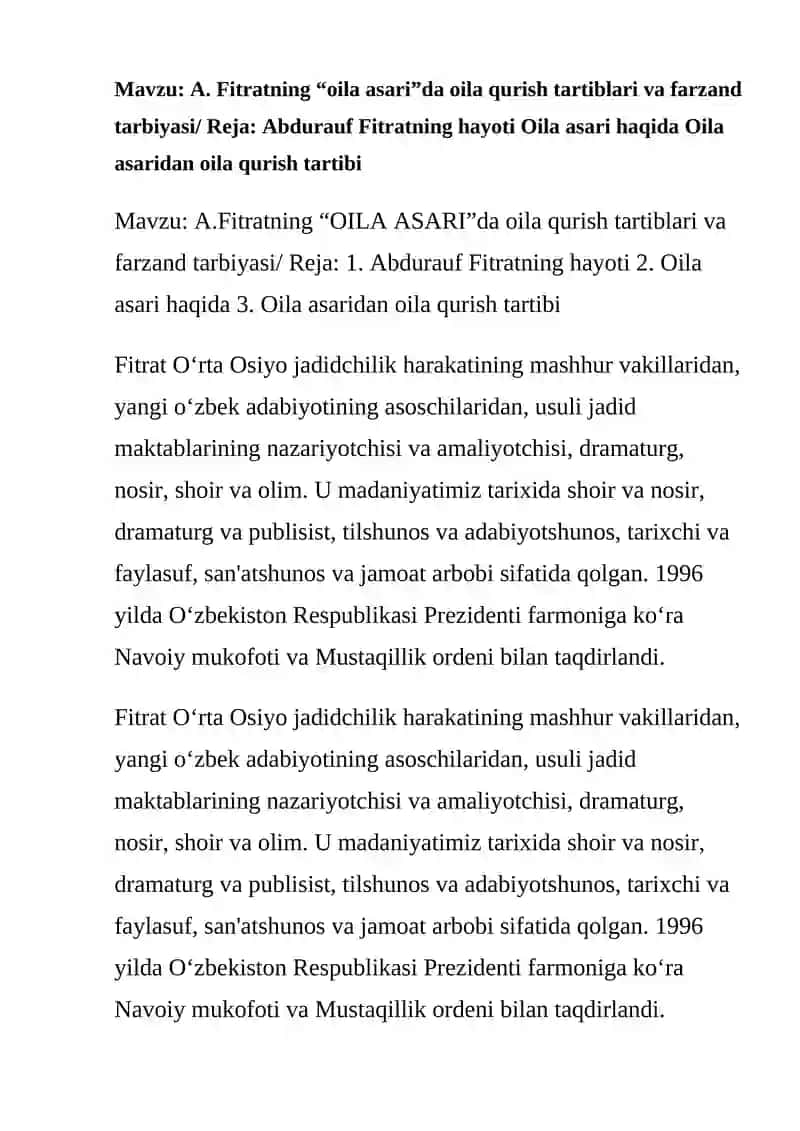 A.Fitratning “OILA ASARI”da oila qurish tartiblari va farzand tarbiyasi