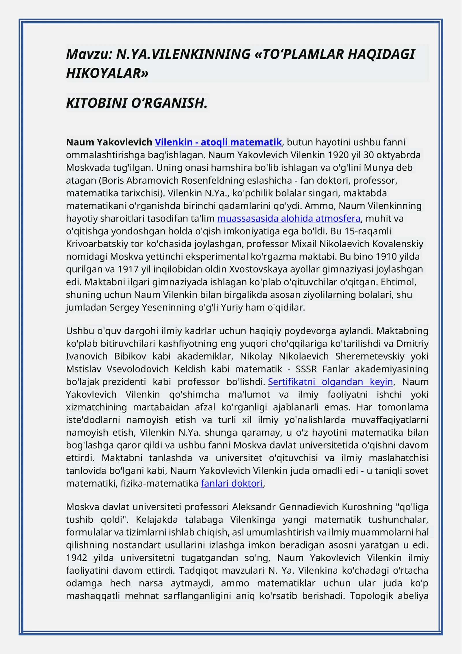 N.YA.VILENKINNING «TO‘PLAMLAR HAQIDAGI HIKOYALAR» KITOBINI O‘RGANISH 1