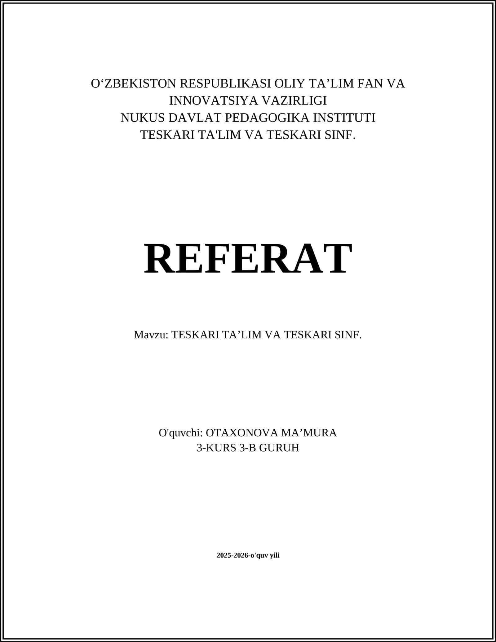 TESKARI TAʼLIM VA TESKARI SINF 1
