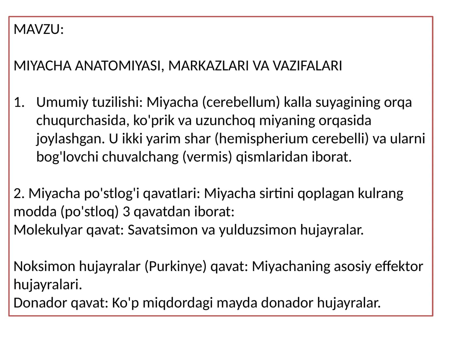 MIYACHA ANATOMIYASI, MARKAZLARI VA VAZIFALARI 1