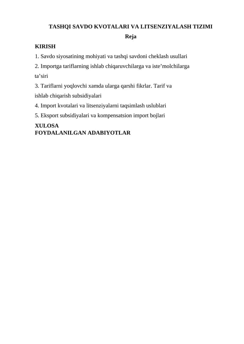 TASHQI SAVDO KVOTALARI VA LITSENZIYALASH TIZIMI 1