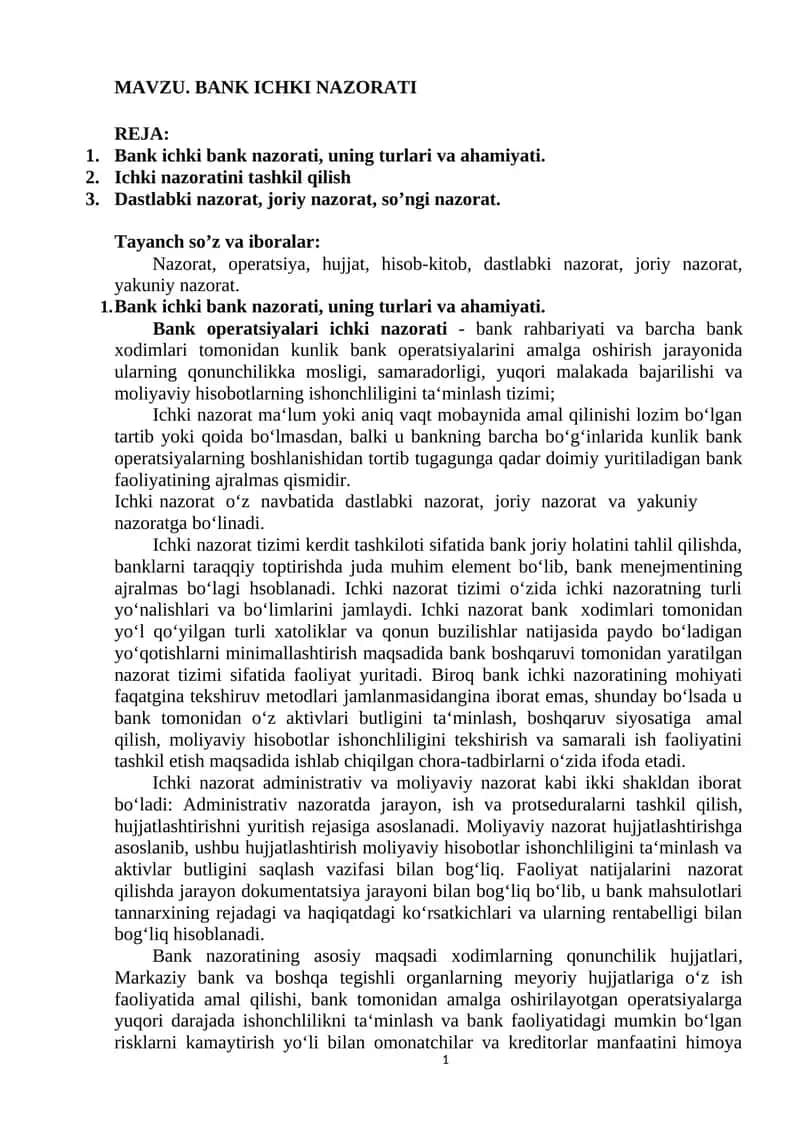 MAVZU. BANK ICHKI NAZORATI 1